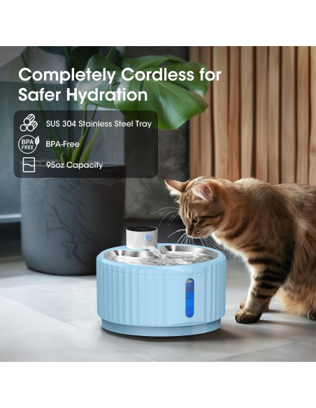 Fuente de Agua Inalámbrica para Gatos JEERAMIA 2.8L Azul