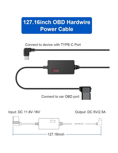 Kit de cable OBD para cámara de salpicadero YKT H39-SX, 12-30V a 5V/3A
