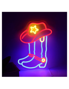 Cartel de Neón LED ASONGLIFE Botas y Sombrero Vaquero 25.4x33.4cm