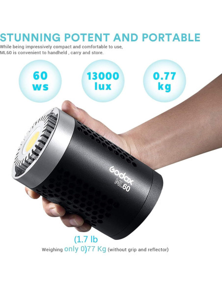 Godox ML60 Luz LED de Video Portátil 60W 69000Lux 5600K Godox ML60 Luz LED de Video Portátil 60W 69000Lux 5600K