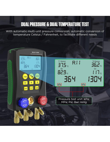 Manómetros Digitales HVAC CMTOOL con 3 Mangueras y 89 Refrigerantes