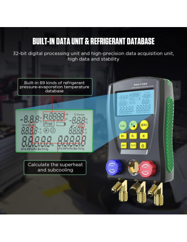 Manómetros Digitales HVAC CMTOOL con 3 Mangueras y 89 Refrigerantes