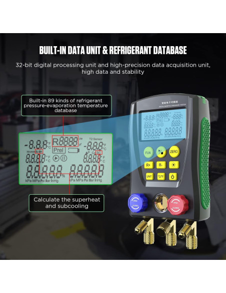 Manómetros Digitales HVAC CMTOOL con 3 Mangueras y 89 Refrigerantes