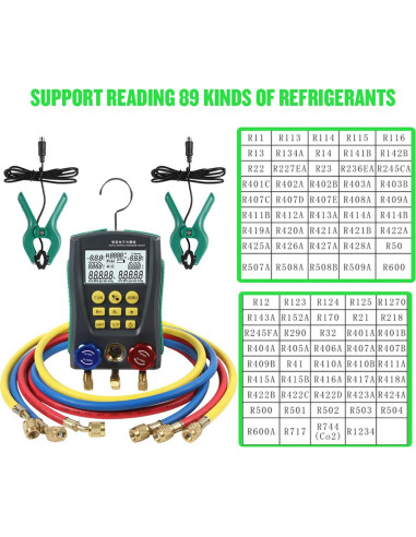 Manómetros Digitales HVAC CMTOOL con 3 Mangueras y 89 Refrigerantes