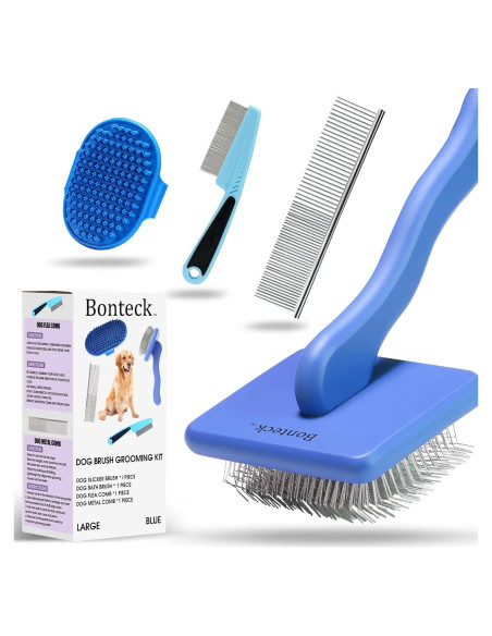Kit de Aseo para Perros Bonteck 4PCS - Cepillo Slicker Azul