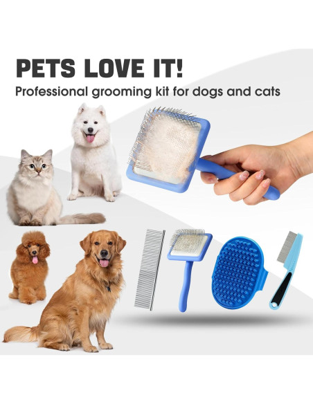 Kit de Aseo para Perros Bonteck 4PCS - Cepillo Slicker Azul