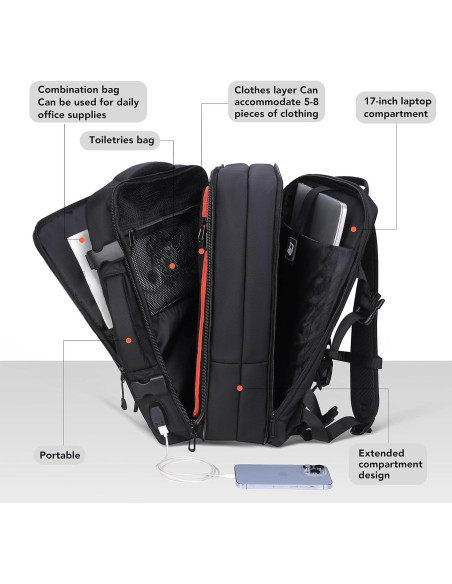 Mochila de viaje expandible 40L con puerto USB para laptop 17" Mochila de viaje expandible 40L con puerto USB para laptop 17"