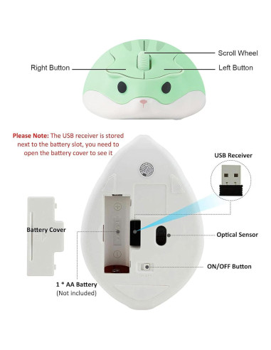 Ratón Inalámbrico CHUYI en Forma de Hámster Verde 1200DPI