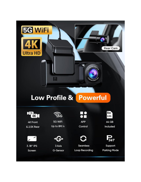Cámara Dash 4K Navycrest A2Pro WiFi 5G Doble con 64GB