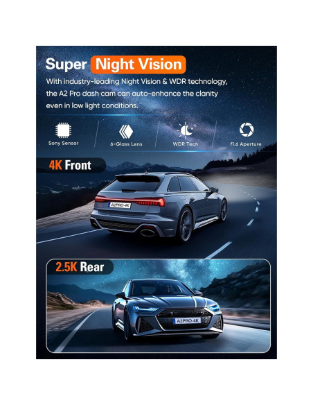 Cámara Dash 4K Navycrest A2Pro WiFi 5G Doble con 64GB