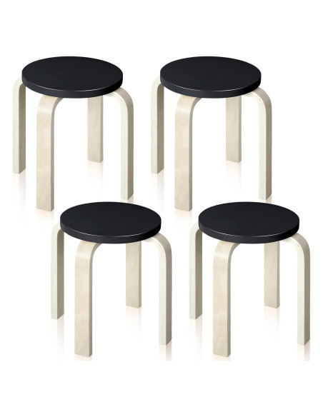 Taburetes de Madera Curvados FairySandy - 4 Pcs Apilables Negros