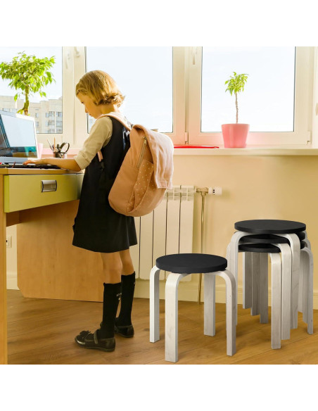 Taburetes de Madera Curvados FairySandy - 4 Pcs Apilables Negros