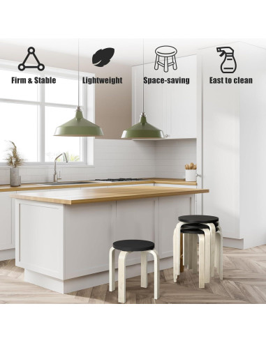 Taburetes de Madera Curvados FairySandy - 4 Pcs Apilables Negros