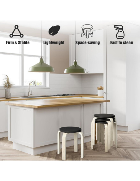 Taburetes de Madera Curvados FairySandy - 4 Pcs Apilables Negros