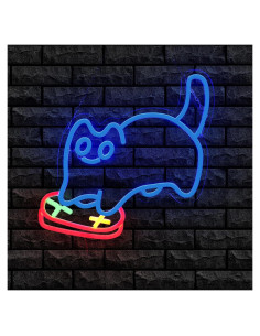 Cartel de Neón LED Gato Jugador Azul para Sala de Juegos
