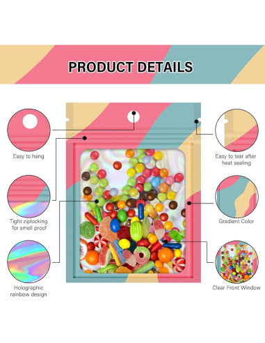 100 Bolsas Reutilizables Mylar Holográficas 8.89x11.94 cm