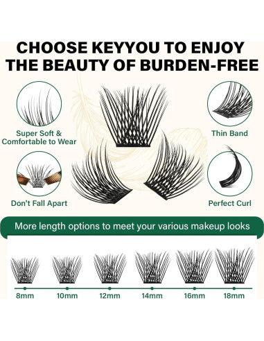 Racimos de Pestañas KEYYOU 144pcs D Curl 10mm Ultra Livianas