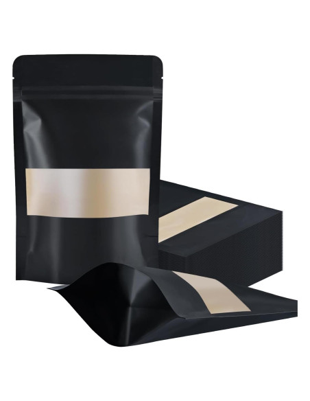 100 Bolsas Reutilizables de Papel Kraft Negro 8.89x13.97cm con Ventana