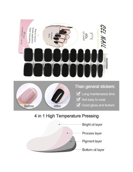 20 Tiras de Esmalte de Uñas de Gel Curado EBANKU Negro