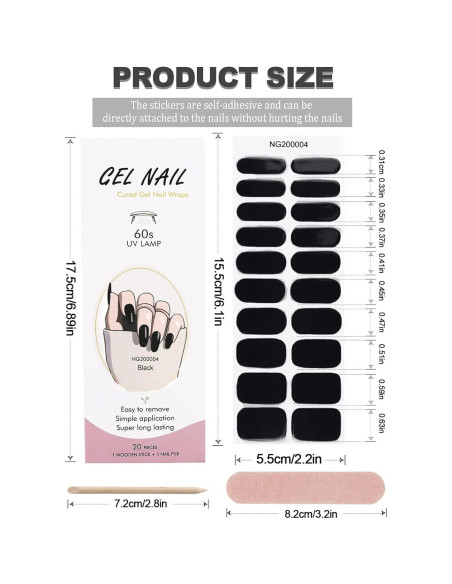 20 Tiras de Esmalte de Uñas de Gel Curado EBANKU Negro