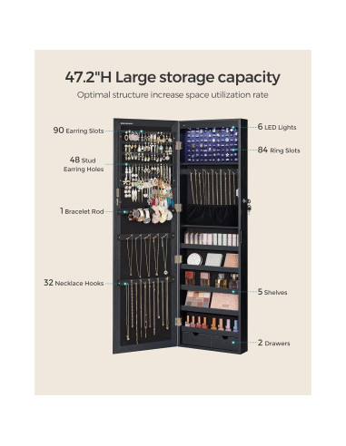 Armario de Joyería SONGMICS con Espejo y 6 LEDs, 120 cm