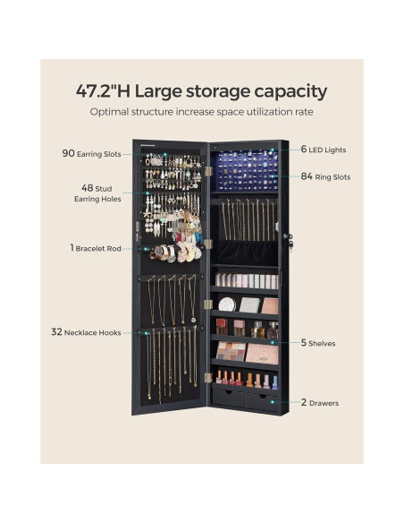 Armario de Joyería SONGMICS con Espejo y 6 LEDs, 120 cm