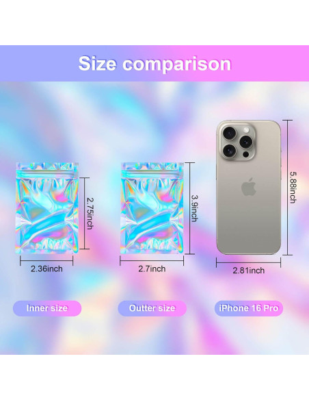 100 Bolsas Reutilizables Mylar Holográficas 6.86x10.16 cm 100 Bolsas Reutilizables Mylar Holográficas 6.86x10.16 cm