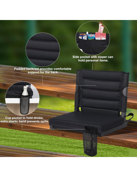 Asiento Plegable de Estadio LOENIY con Respaldo Acolchado Negro