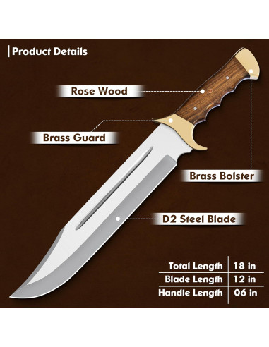 Cuchillo Bowie Grande WARIVO 45.72 cm Acero D2 Hecho a Mano