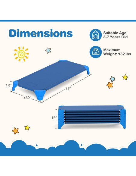 Camas Apilables KOTEK para Niños 132x59.7 cm Azul (Paquete de 6)