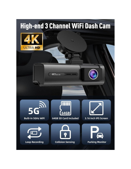 Cámara Dash HunterMax 3 Canales 4K + 1080P, WiFi 5G, 170
