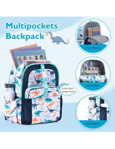 Mochila Ligera para Niños Mommore con Caja de Almuerzo Dinosaurio Azul 2