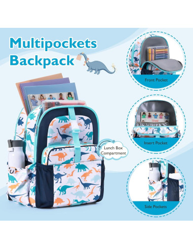 Mochila Ligera para Niños Mommore con Caja de Almuerzo Dinosaurio Azul