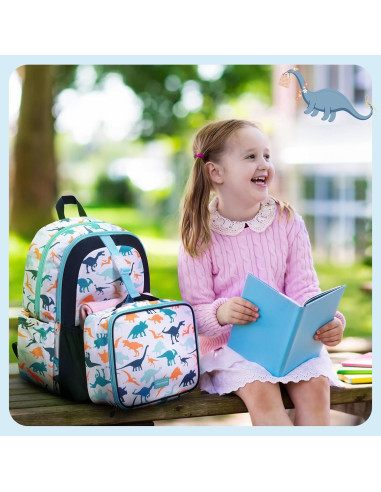 Mochila Ligera para Niños Mommore con Caja de Almuerzo Dinosaurio Azul