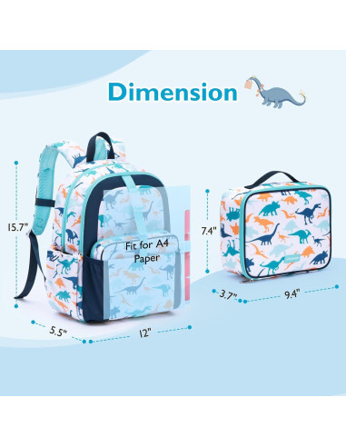 Mochila Ligera para Niños Mommore con Caja de Almuerzo Dinosaurio Azul