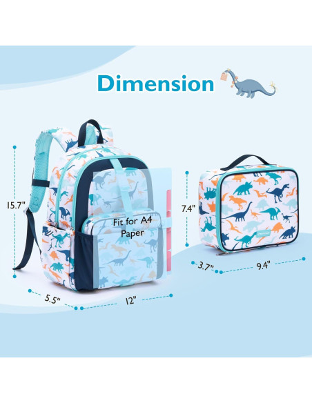Mochila Ligera para Niños Mommore con Caja de Almuerzo Dinosaurio Azul