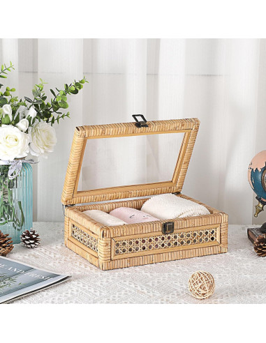 Caja de Exhibición de Ratán Hipiwe con Tapa Transparente 28x18x10cm