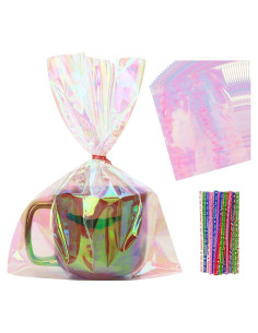 50 Bolsas Holográficas 20x28 cm con Lazos Coloridos para Regalos