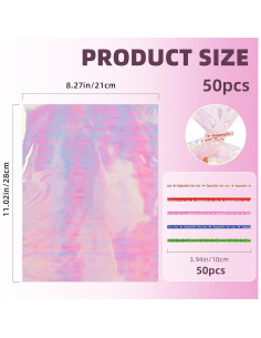 50 Bolsas Holográficas 20x28 cm con Lazos Coloridos para Regalos 2