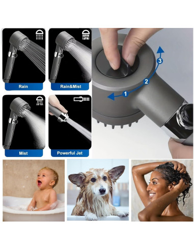 Cabezal de Ducha Alta Presión Genérico 3 Modos Gris Mate