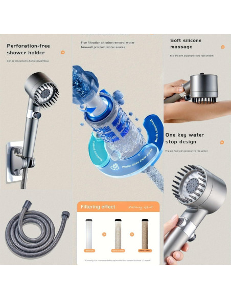 Cabezal de Ducha Alta Presión Genérico 3 Modos Gris Mate