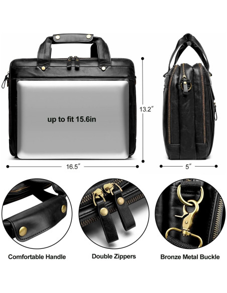 Maletín de Cuero Bosidu para Laptop 15.6" Negro Impermeable