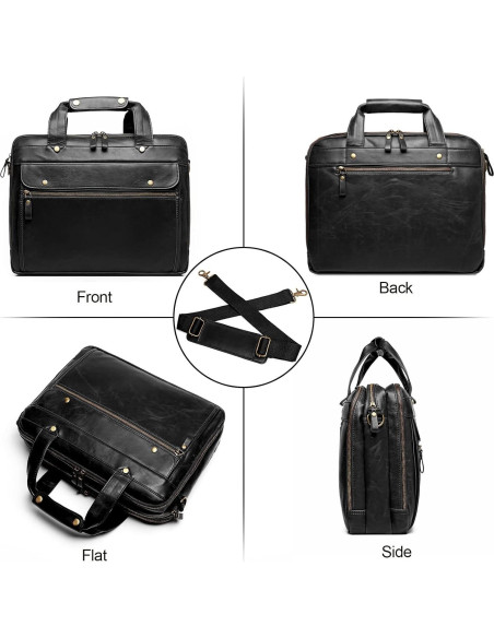 Maletín de Cuero Bosidu para Laptop 15.6" Negro Impermeable