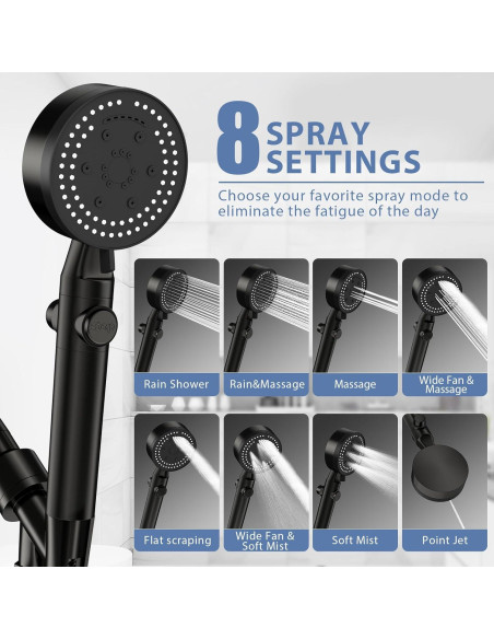 Cabezal de Ducha de Mano Cosuro Alta Presión 8 Modos 139.7 cm