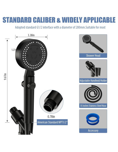 Cabezal de Ducha de Mano Cosuro Alta Presión 8 Modos 139.7 cm