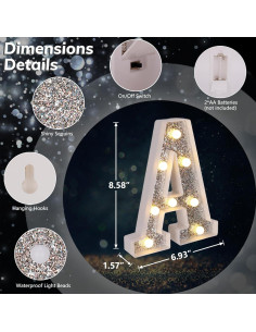 Luz LED Marquee Letra A TEHIBIEN Plateada Brillante 15.7cm 2