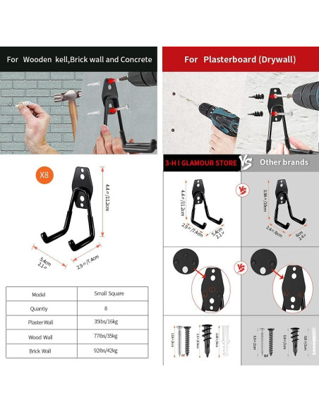 Ganchos de Garaje Pesados Consevisen - Soporte de 36kg - Paquete de 8