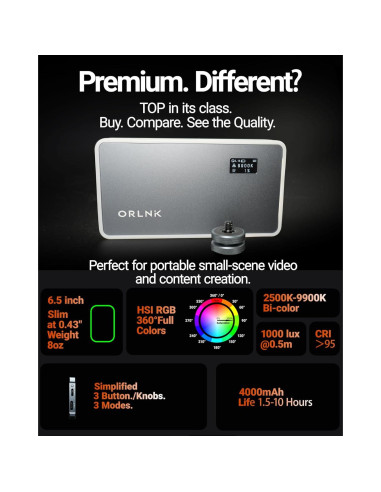 Luz de Video RGB Portátil ORLN'K 6.5" Aluminio 4000mAh