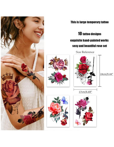 Tatuajes Temporales Grandes de Rosa ROARHOWL - 10 Patrones