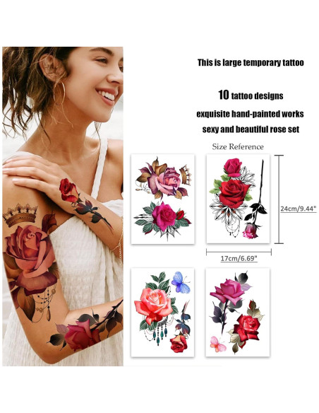 Tatuajes Temporales Grandes de Rosa ROARHOWL - 10 Patrones